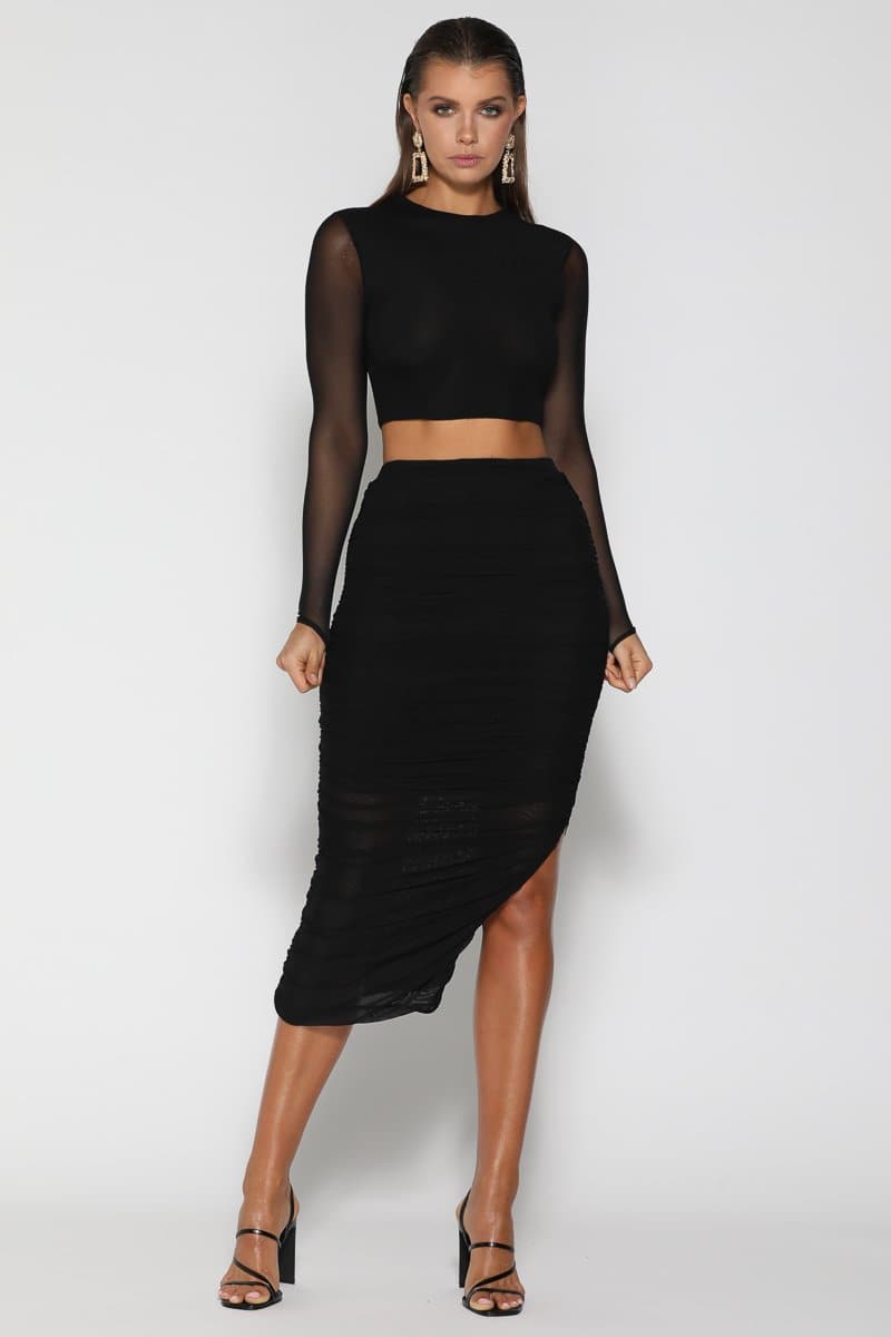 Mirah Mesh High Waisted Maxi Skirt - Black - suneiika