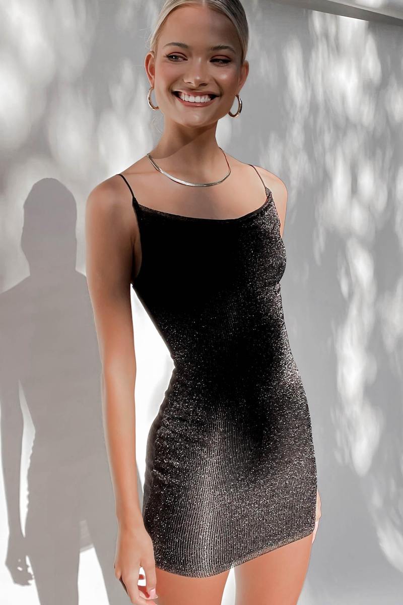 Ariella Ruched Chain Strap Party Mini Dress - Black