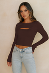 Sally Ribbed Cut Out Chest Knit Top- Chocolate