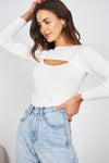 Sally Ribbed Cut Out Chest Knit Top- White